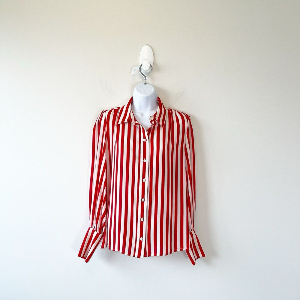 Eva Mendes New York & Co Red White Striped Button Up Blouse Office Size Small